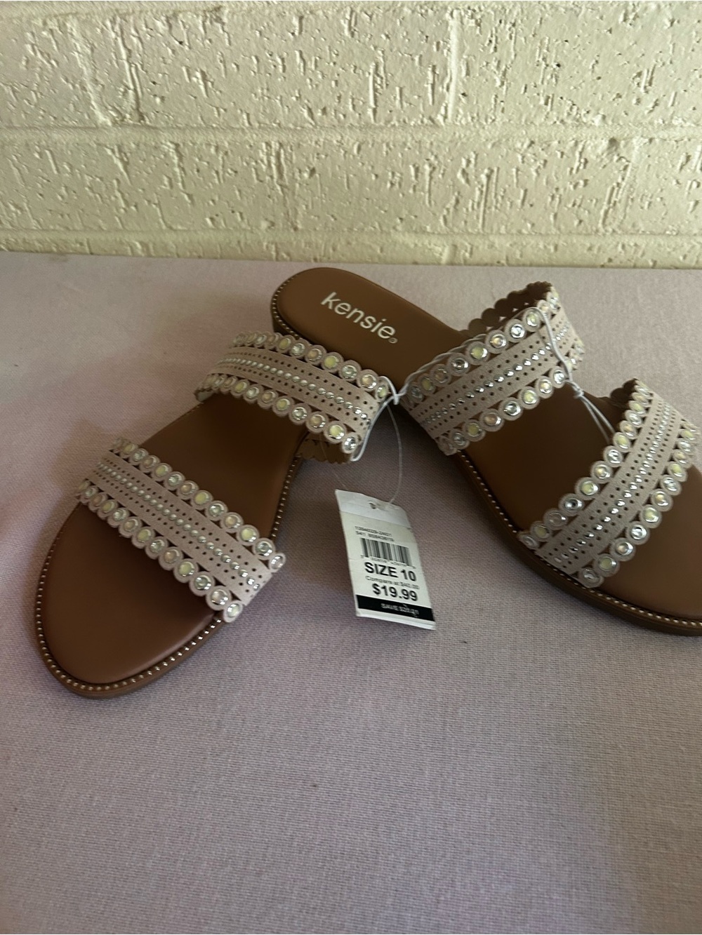 Kensie Tan Slide Sandals with Pearl & Stud Straps